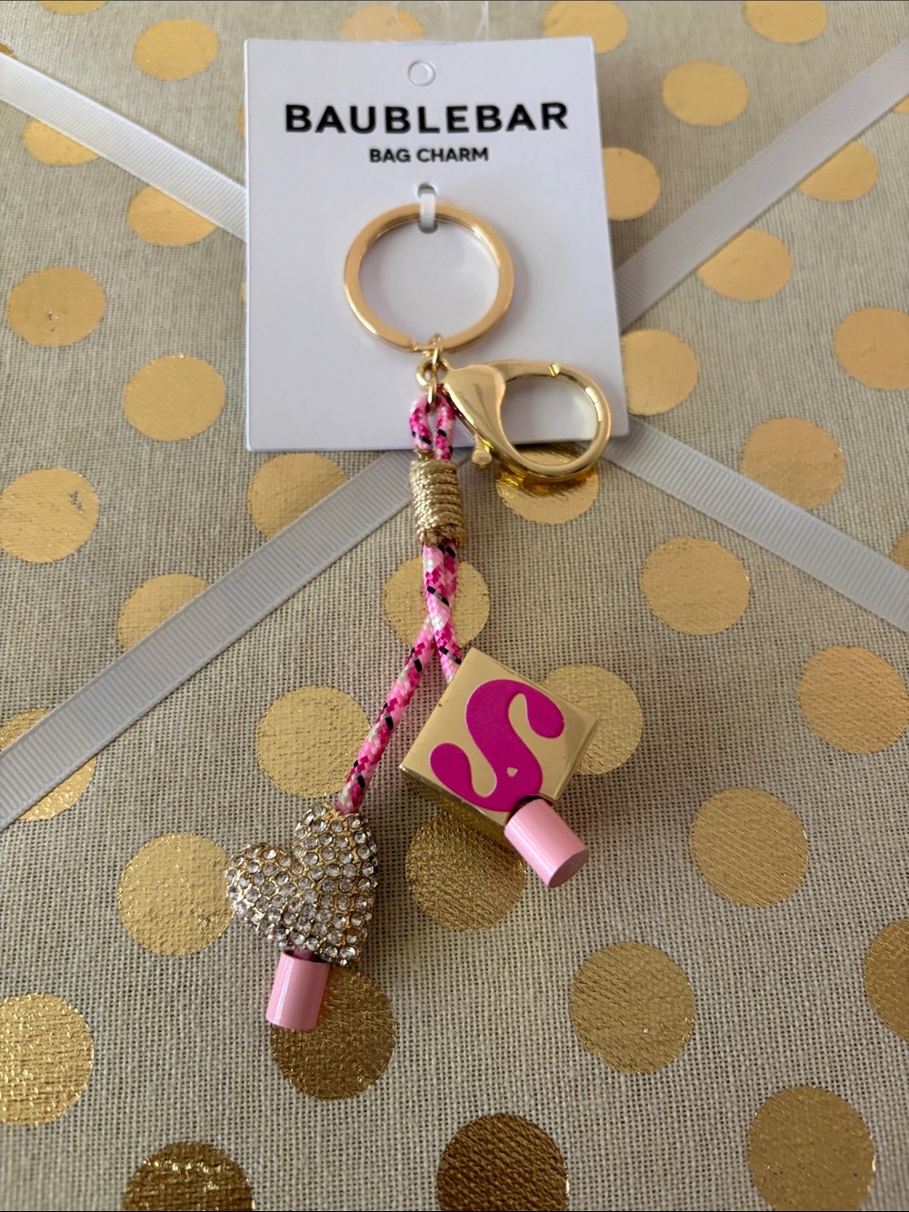 BaubleBar Gold & Pink Crystal Heart and Cube Bag Charm Initial S NWT